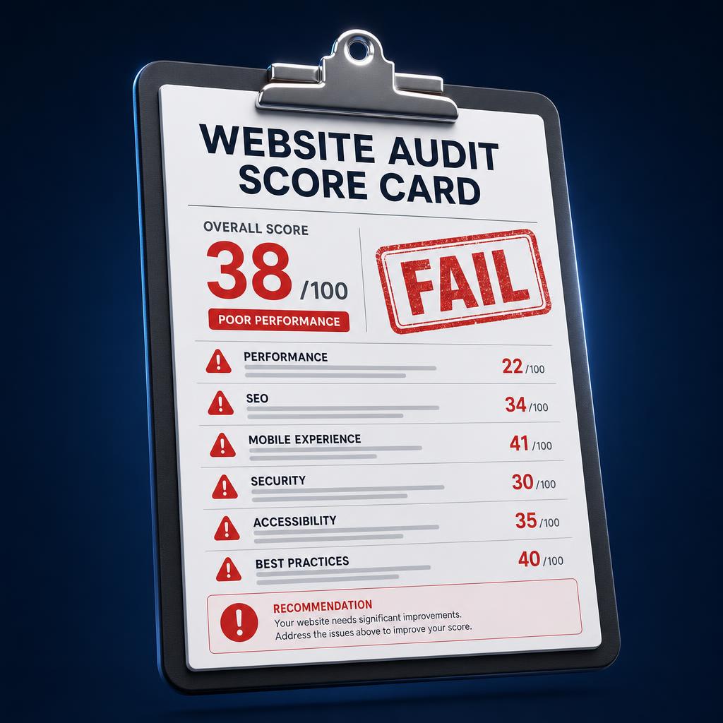 Website audit score card showing a failing score of 38 out of 100