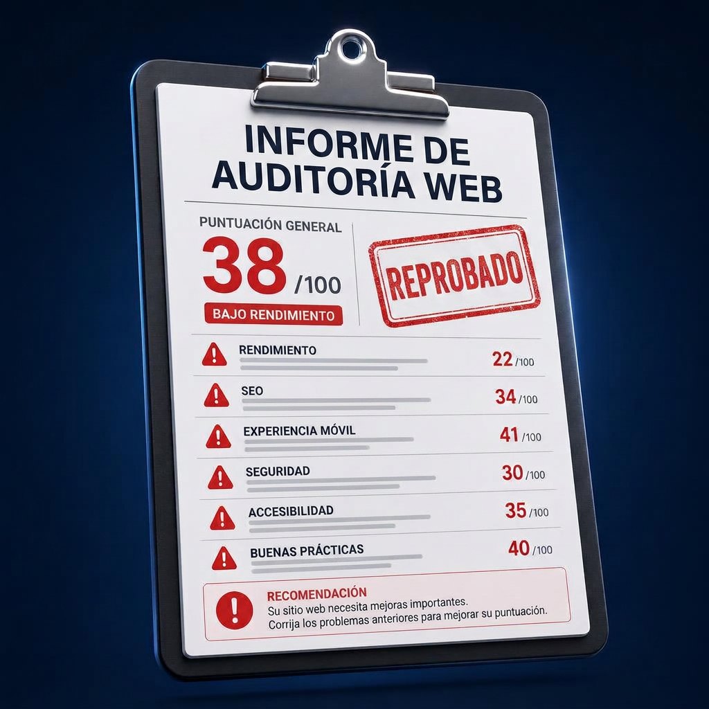 Tarjeta de puntuación de auditoría web que muestra una calificación reprobatoria de 38 sobre 100